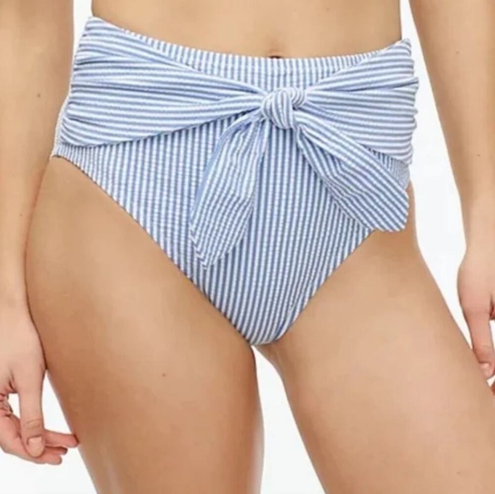 J.Crew Bikini Bottom Bow Tie High Rise Swimwear Striped Seersucker Beach 2X